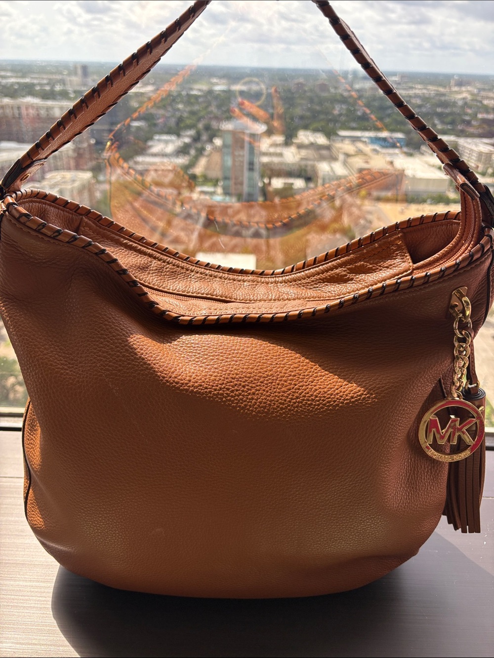 Michael Kors Cognac Leather Whipstitch Hobo with Gold Logo Charm